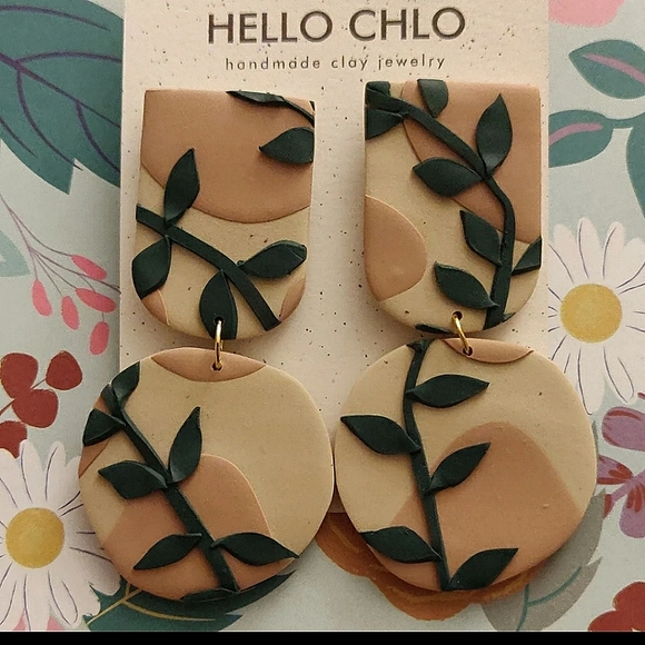 Statement Polymer Clay Earrings Abstract Foliage - Picture 2 of 5